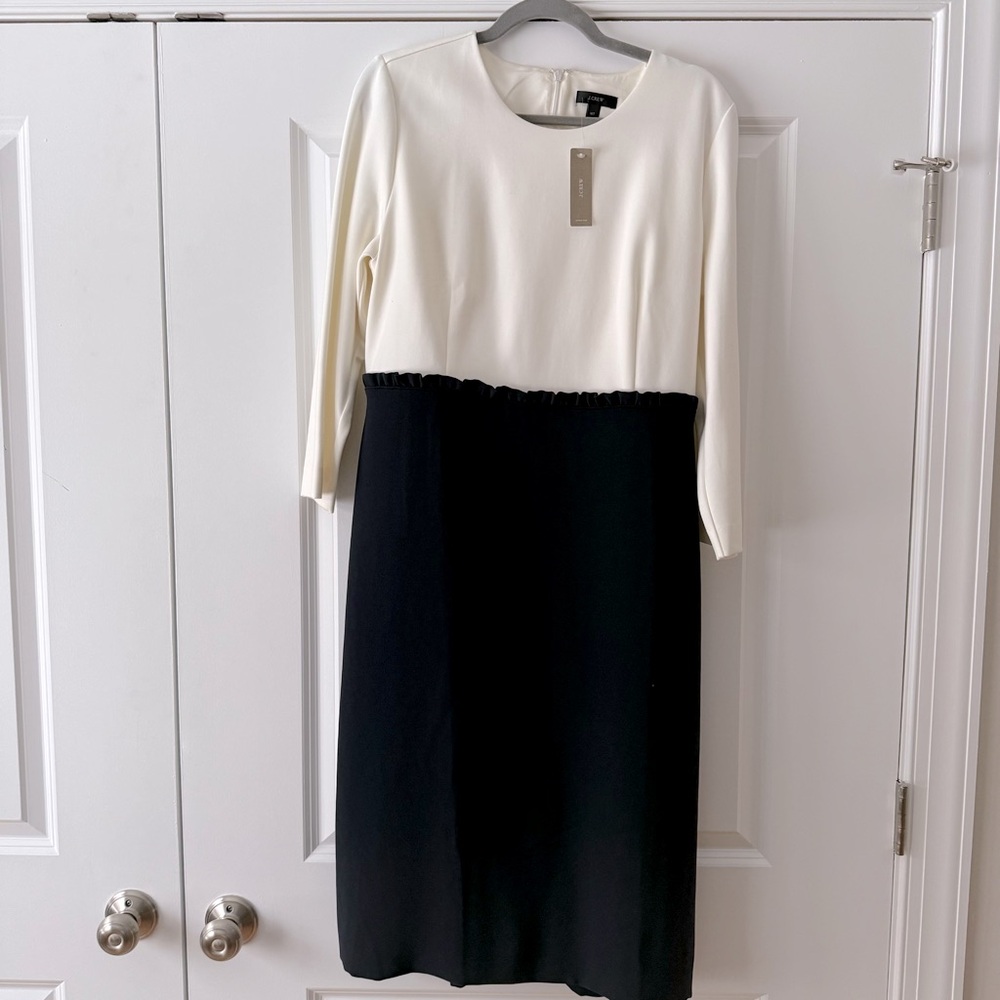 NWT J.Crew Dress, Ivory and Navy With Ruffle Peplum, Size 16 Tall